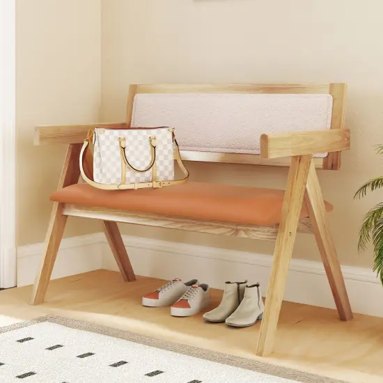 Natural Wood Dining Bench with Sherpa Upholstered Backrest and Soft-Padded Seat {3}