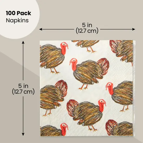 100 Pack Turkey Thanksgiving Cocktail Napkins for Party Supplies (5 x 5 In) White {2}