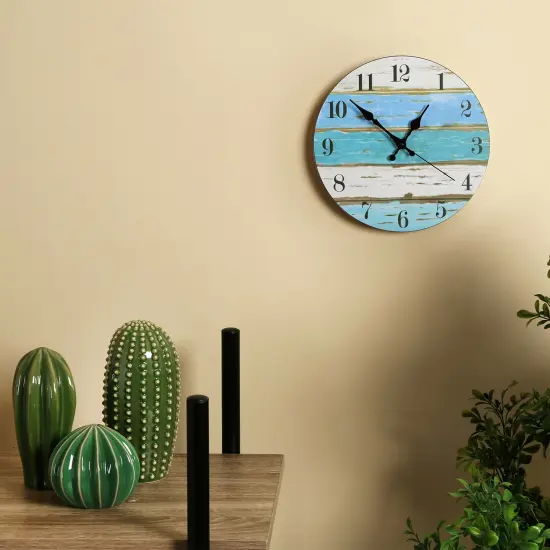 Blue Wood Wall Clock Battery Operated 12 Inch (30 cm) - Silent Frameless Farmhouse & Beach Decor Analog Wall Clock for Bedroom, Kitchen, Office {6}