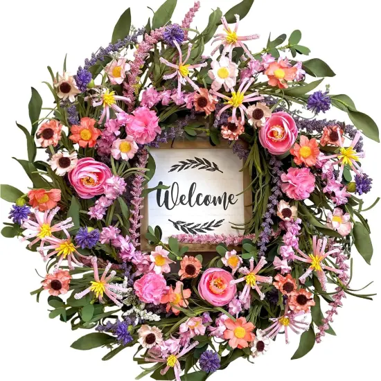 Summer 22 Inch Wreath for Front Door, Artificial Floral Wreath with Roses, Wild Flowers, Leaves, and Welcome Board, Farmhouse Indoor/Outdoor Wall Decor {1}
