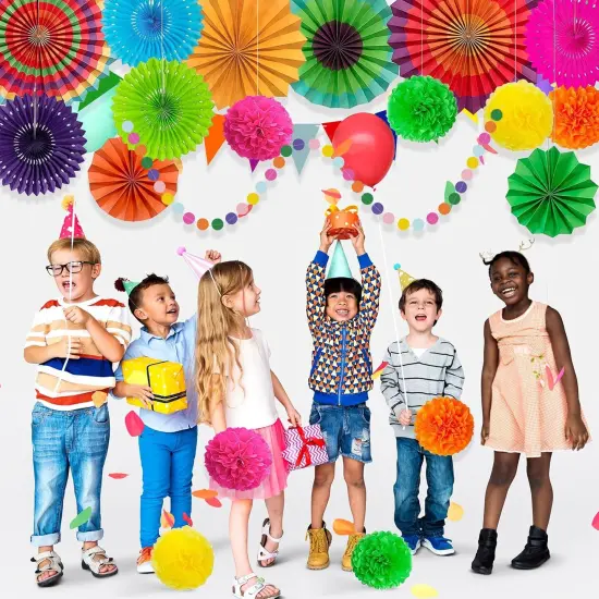 Cinco De Mayo Fiesta Party Decorations - Multi-Color Hanging Paper Fan, Tissue Paper Pom Poms, Circle Dots Garland, Triangle Pennant for Mexican Birthday Decorations {2}