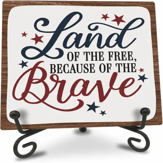 July 4th Wooden Plaque With Iron Stand - Free & Brave - 4"X4" Wood Sign For Memorial Day, America Patriotic Tabletop Signs, Shelf, Desk Decorations, Party Supplies - 07 {1}