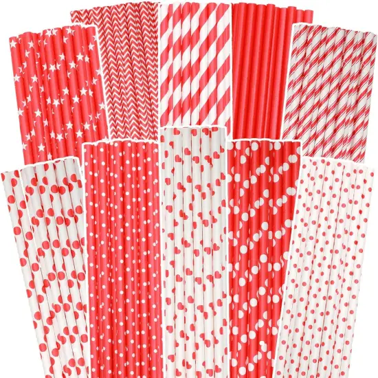 Red Paper Straws for Drinking Red Disposable Straws 150pcs Disposable Straws Bulk（10 Pattern） {1}