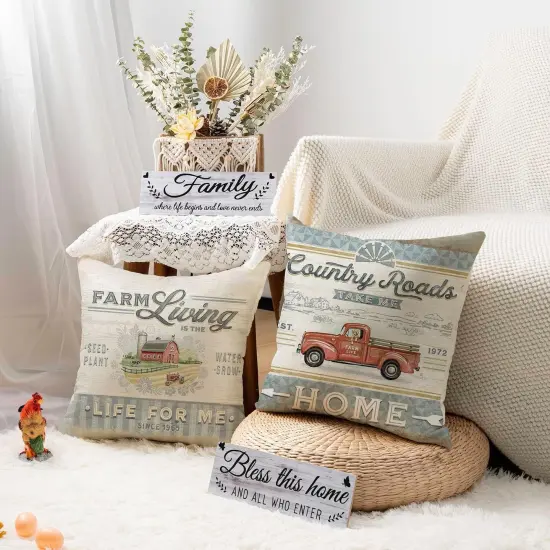 Farmhouse Animal Pillow Covers 18x18 Set of 4 Retro Farmer's Market Truck Rooster Sheep Feed Seed Premium Poultry Farm Home D&eacute;cor Throw Pillow Case Cushion Cover for Sofa {4}
