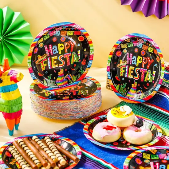 100 Pcs Mexican Paper Plates 7 Inch Disposable Fiesta Cake Dessert Plates Cinco De Mayo Party Decorations for Taco Tuesday Birthday Party Supplies(Fiesta Style) {2}