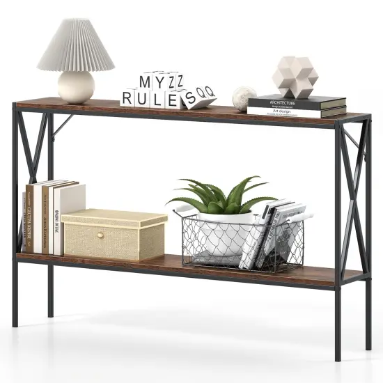 Compact Black & Rustic Brown Console Table - 2-Tier Design {4}