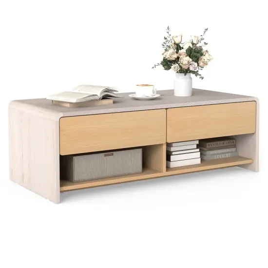 Modern White & Natural Coffee Table with Drawers and Open Storage {4}