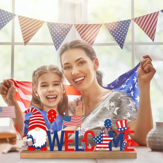 Patriotic/ 4th of July Metal Sign Rustic Table Decor Holiday Tiered Tray Decor with Wooden Base Freestanding Metal Word Sign for Home Tabletop Centerpiece Mantel Shelf Fireplace {3}