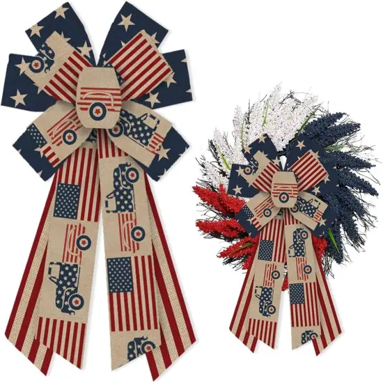 Large 4th of July Bows for Wreath, Patriotic Wreath Bows American Flags Bow Natural Burlap Craft Bow Memorial Day Farmhouse Bows for Front Door Fourth of July Memorial Day Decorations {1}