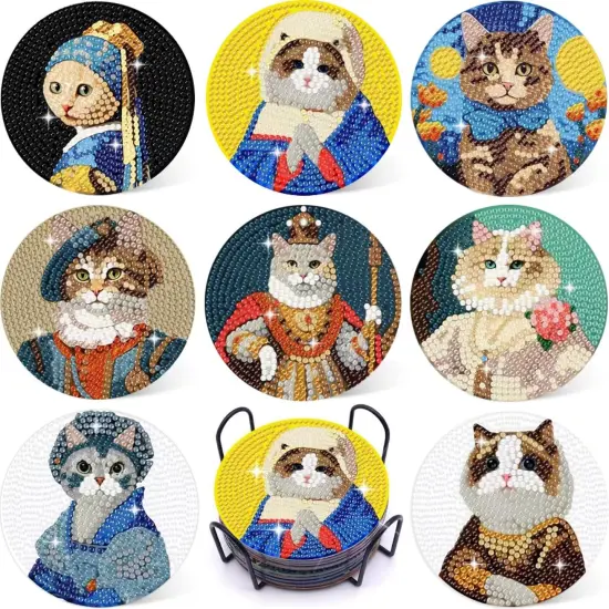 8PCs Diamond Paintings Coasters Kits Set With Holder, Cat Diamond Art, Crafts DIY Funny Adult Craft Diamond Dots Gift {1}
