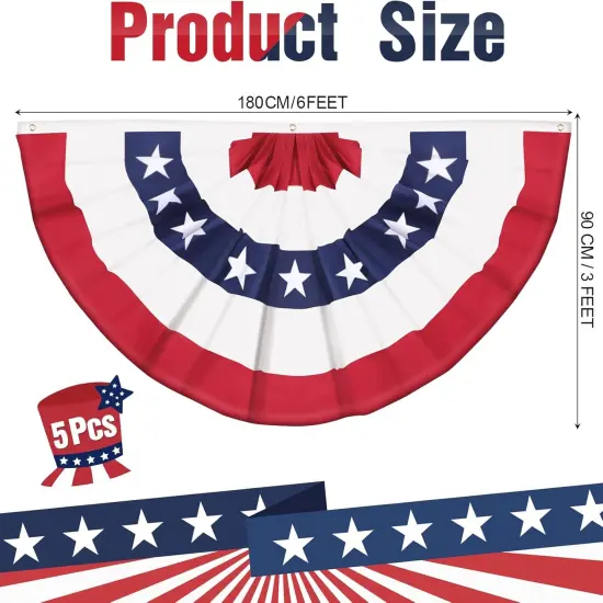 5 Pcs American Flags Bunting 3 x 6 ft USA Patriotic Half Fan Bunting Flag Outdoor 4th of July Pleated Fan Flags Banners for Independence Day Memorial Day Outside Porch Garden Yard Decorations {3}