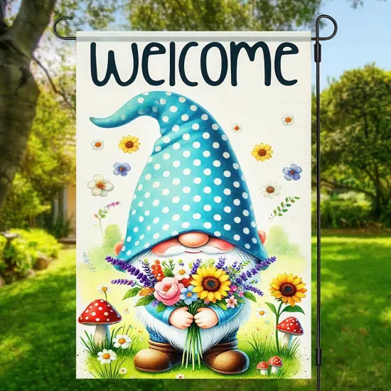 Welcome Spring Gnome Garden Flag 12x18 Inch Double Sided Floral Spring Summer Garden Flag Daisy Floral Flowers Butterfly Yard Outside Decorations Farmhouse Outdoor Small Home Decor {2}