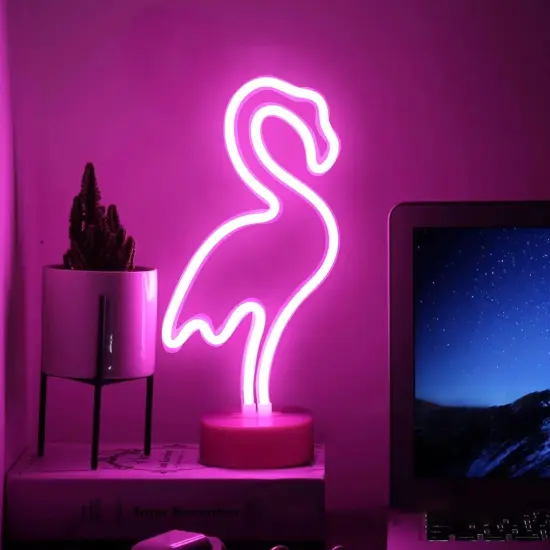 Summer Flamingo Neon Light Sign &ndash; Pink LED Tropical Table Decor with Removable Base for Summer Vibes, Beach Party, and Room Decoration {2}