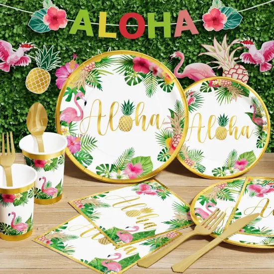 329PCS Tropical Aloha Party Supplies for Summer Beach Decor Disposable Dinnerware Set (25 Guest) with Plates Napkin Cups Table Skirt Straws Balloon Kit {3}