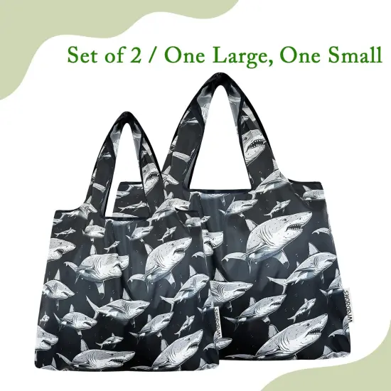 Wrapables Large & Small Foldable Tote Nylon Reusable Grocery Bags, Set of 2, Sharks in Black {6}