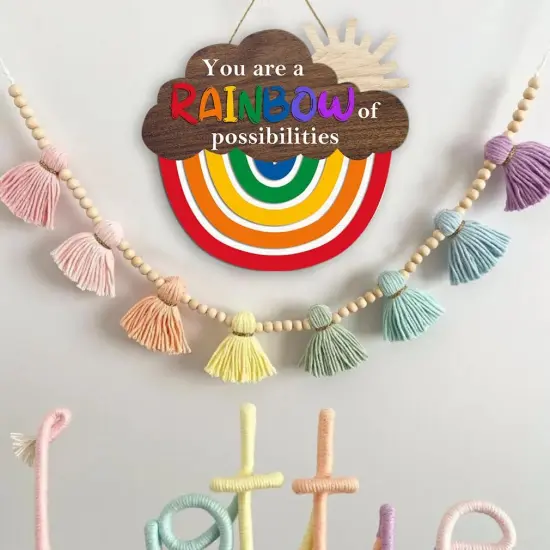 Rainbow Wooden Sign (12.2x11.5 inch), You Are A Rainbow Of Possibilities Inspirational Quote Hanger Sign, Colorful Rainbow Decorative Hanging Sign for Nursery Playroom Classroom School Decor {3}