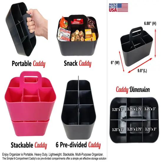 Enjoy Organizer Small Stackable and Portable Simple 6-Compartment Art Caddy - Made In USA Pink {9}