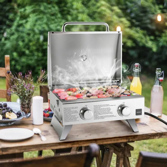 Stainless Steel Propane Grill with Lid for Outdoor Camping Tailgating Picnic Party-Silver {3}