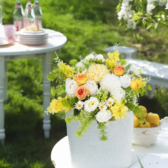 8Pcs Artificial Silk Rose Bouquet Yellow with Faux Lilac Floral Arrangements, White Flowers Picks for Home Table Centerpieces Summer Decorations {4}