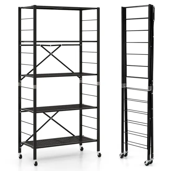 Black Metal Folding Storage Rack, Adjustable 5-Tier Shelf with Wheels {1}