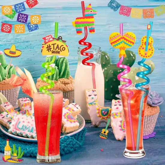 24PCS Mexican Fiesta Straws for Party Favors - Plastic Drinking Straws for Cinco De Mayo Party Supplies, Straws for Mexican Fiesta Taco Themed Party Straws for Kids Boys Girls Party Supplies {2}