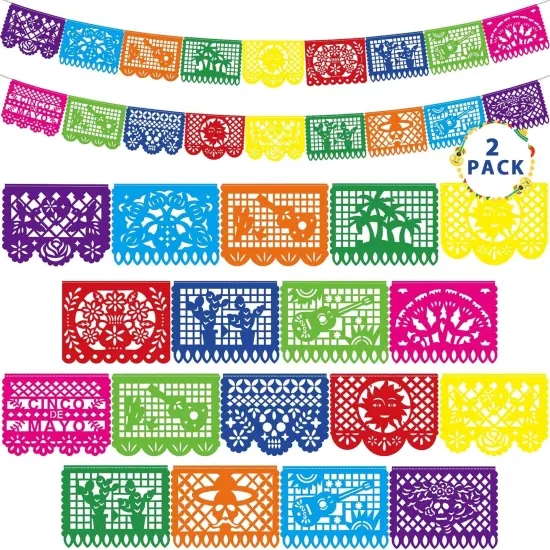 36 FT Cinco De Mayo Decorations, 2 Pack Mexican Party Banner, Plastic Fiesta Banner Colorful Papel Picado Hanging Banner String Flags Mexican Theme Party Dia De Los Muertos Day of the Dead Decor {1}