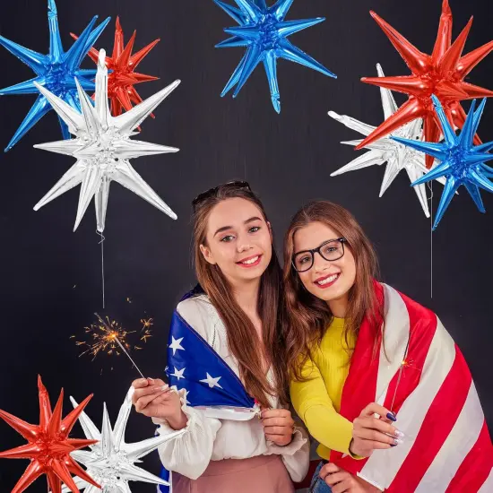 9 Pieces Red White Blue Explosion Star Balloons, Large 27 & 22 Inches 14-Pointed One-Piece Cone Stars Fireworks Foil Balloons for 4th of July, Independence Day USA Patriotic Party Decorations {3}