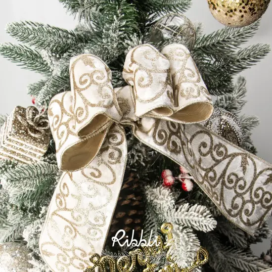Ivory Velvet Ribbon Wired with Glitter Swirl 4 Inch Christmas Ribbon {2}