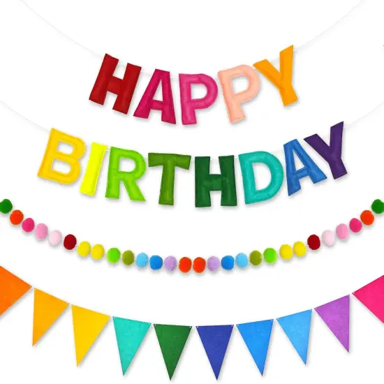 Pre-Strung 3D Happy Birthday Banner, 3 PCS Rainbow Happy Birthday Felt Garland, Pom Pom Garland, Triangle Fabric Garland Bunting, Reusable Rainbow Birthday Decorations {1}