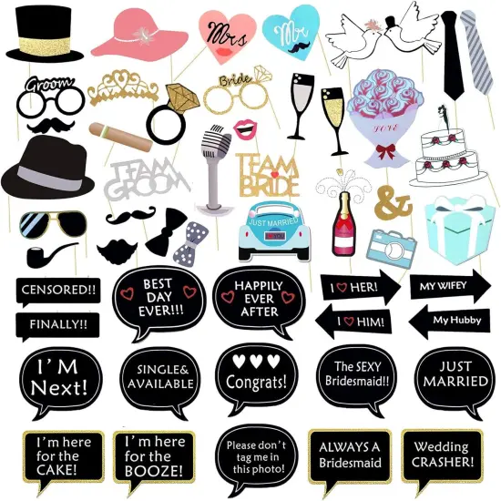 52PCS Wedding Photo Booth Props with Stick Bridal Shower Photo Booth Props Funny Photo Props, Wedding Party Supplies for Bride Groom, Bachelorette Wedding Party Decorations for Men Women Selfie Props {1}