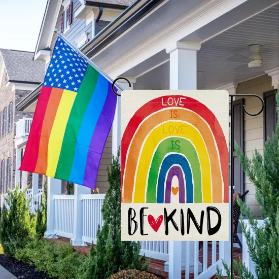 Love is Love Rainbow Decorative Garden Flag, Be Kind LGBTQ Gay Lesbian Heart Yard Outside Pride Month Home Decoration {5}