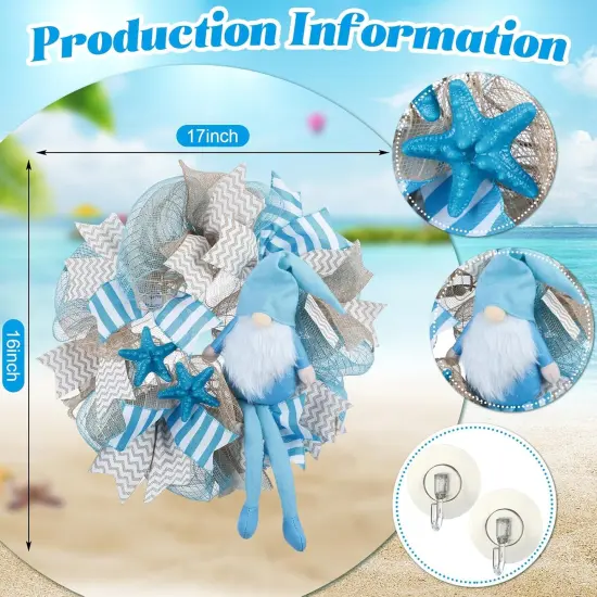 18 x 16 Inch Coastal Wreath for Front Door &ndash; Beach Farmhouse Wreath with Starfish, Ribbon, and Ocean-Themed Decorations for Summer Porch and Outdoor Wall Decor {4}