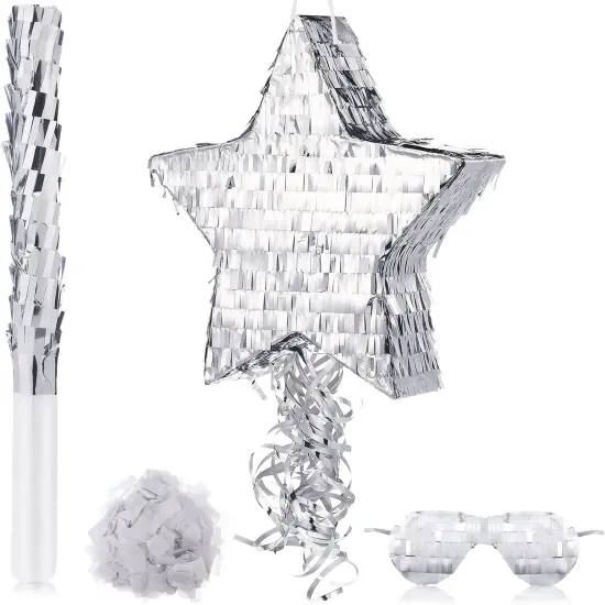 Disco Ball Small Pi&ntilde;ata with Stick Blindfold and Confetti, Silver Foil Pi&ntilde;atas for Birthday Party Kids Adults Retro Birthday Game Party Decorations Supplies(Star) {1}
