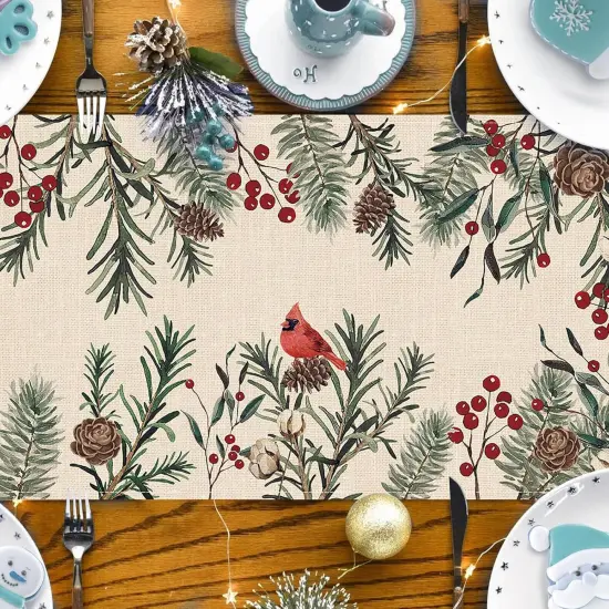 Winter Pine Needle Branches Table Runner, Pine Cone Cardinal Red Birds Berry Farmhouse Kitchen Dining Table Decor, Christmas Holiday Home Decoration Indoor Outdoor Party Supply 13 x 72 Inches {4}