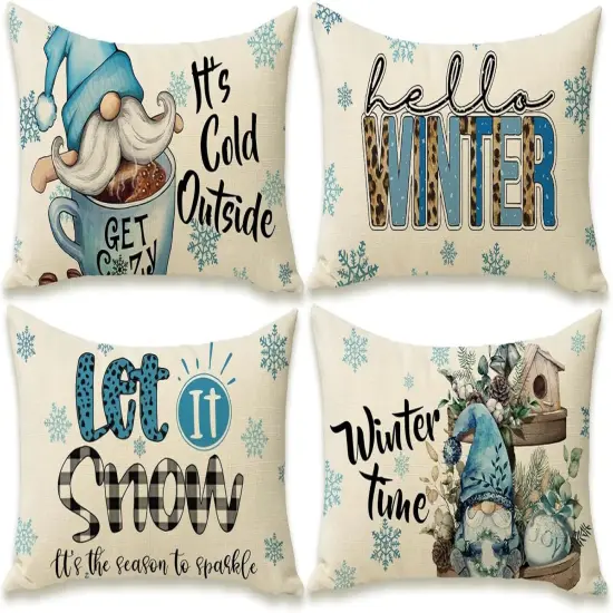Hello Winter Blue Gnome Lumbar Decorative Rectangle Pillow Cover 12x20 Set of 4, It's Cold Outside Snowflakes Coffee Let It Snow Farmhouse Pillowcases, Christmas Buffalo Plaid Check Decors {1}