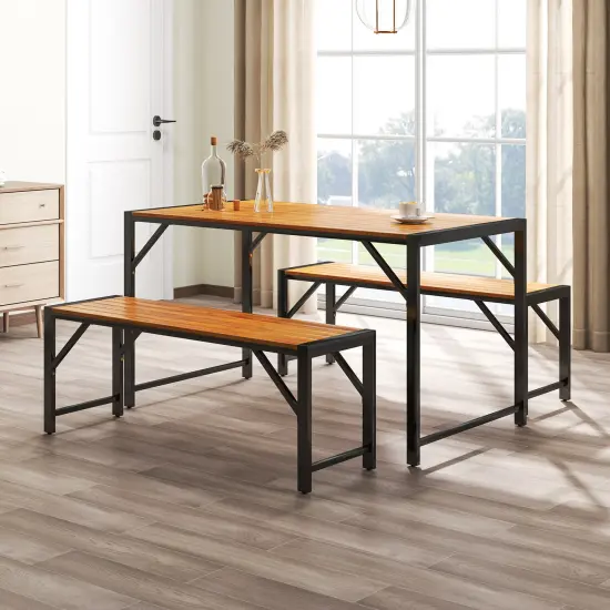 Natural Acacia Wood Dining Set, 3-Piece Table and Bench Set {5}