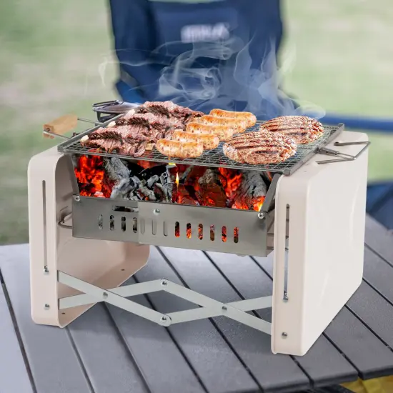 Folding Charcoal BBQ Grill with Dishwasher-safe Grill Grids and Charcoal Box-Beige {2}