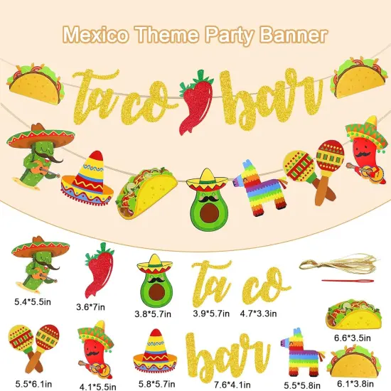 Fiesta Taco Bar Banner Garland 2 set Mexican Fiesta Party Banner with Cactus Donkey Maraca Sombrero Taco Pepper for Mexican Cinco de Mayo Fiesta Theme Party Decorations {2}