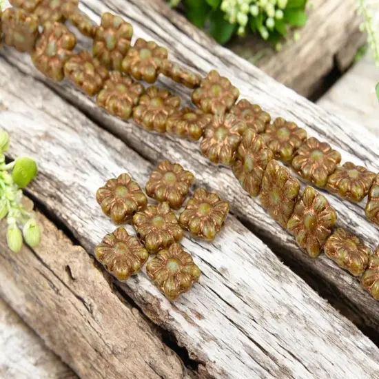 *13* 11mm Bronze Washed Pale Blue Travertine Square Zinnia Flower Beads {2}