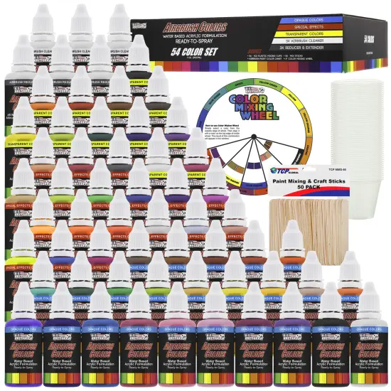 54 Color Acrylic Airbrush Paint Set; Opaque, Transparent, Pearl and Fluorescent Colors plus Reducer, Cleaner, Mixing Supplies & Color Mixing Wheel {1}