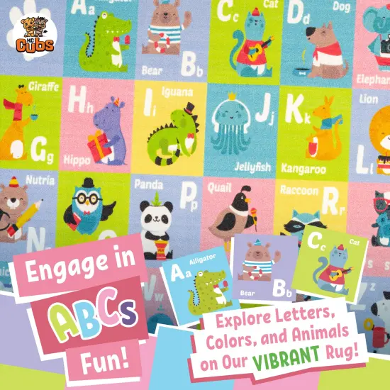 KC Cubs: Educational Rug: ABC Alphabet Animal - 5x7' Playmat - Interactive Letter Learning, Activity Area Carpet, Bedroom-Classroom, Baby-Toddler-Kid {6}