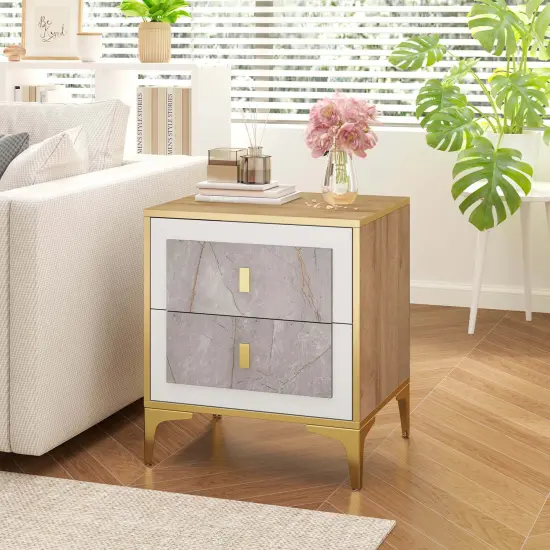 Costway 1/2 PCS Nightstand with Storage Faux Marble Surface Accent Table with 2 Pull-out Drawers {5}