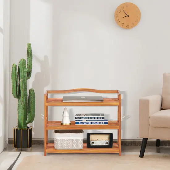 Costway 3-TierWood Shoe Rack Solid Acacia Wood Shoe Shelf with Side Metal Hooks {3}