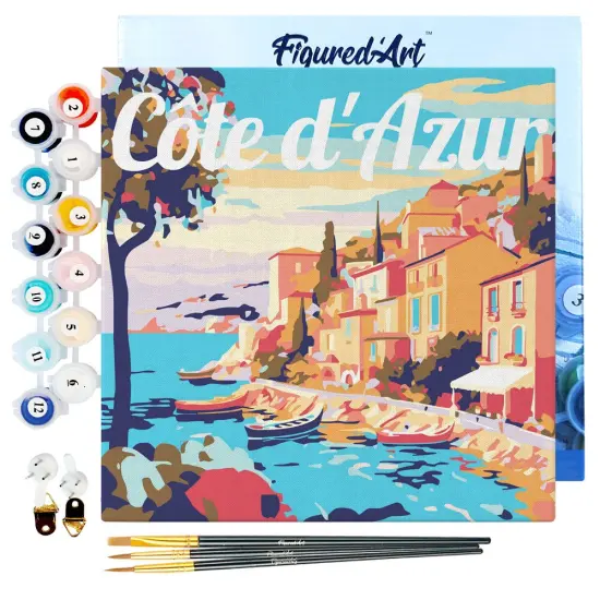 Figured'Art Mini Paint by Numbers Kit for Adults with Frame Travel Poster Cote d'Azur Small format 8"x8" - Craft Art Painting DIY Canvas Already Stretched on a Wooden Frame {1}