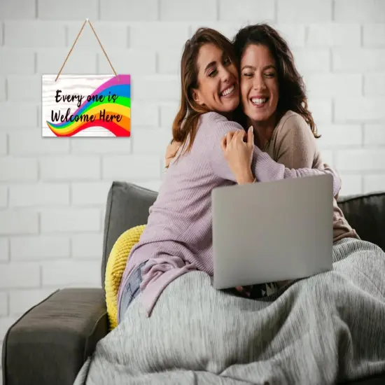 Everyone Is Welcome Here Door Sign - 6"x12" Rainbow Gay Lesbian Pride Welcome Sign Door Decorations LGBTQ Door Hanging Sign for Home School Office Party Wall Front Door Decor {2}