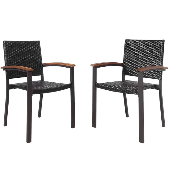 Costway Set of 2 Outdoor Patio PE Rattan Dining Chairs Armrest Stackable Garden {1}