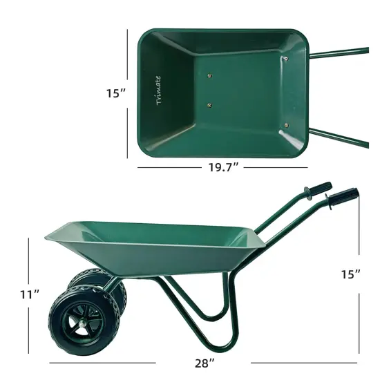 Trimate Metal Wheelbarrow - Hunter Green - Outdoor-Indoor Play Toy, 11x28x15", Dual Wheel, Durable Functional Fun, Garden-Sandbox-Snow, Kids Age 3+ {3}