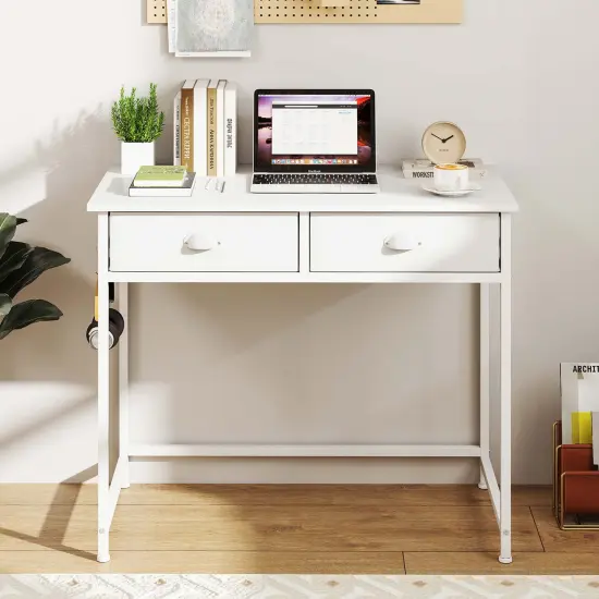 Costway Space Saving Home Computer Desk with 2 Fabric Drawers 4 Hanging Hooks & Metal Frame Brown/White {2}