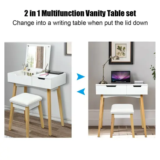 Costway Vanity Makeup Table Cushioned Stool Set W/Flip Top Mirror &1 Drawer Writing Desk {6}