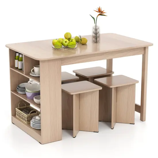Costway 5 PCS Dining Table Set with Storage Shelf Rectangular Kitchen Table with 4 Stools Beige/Gray {1}